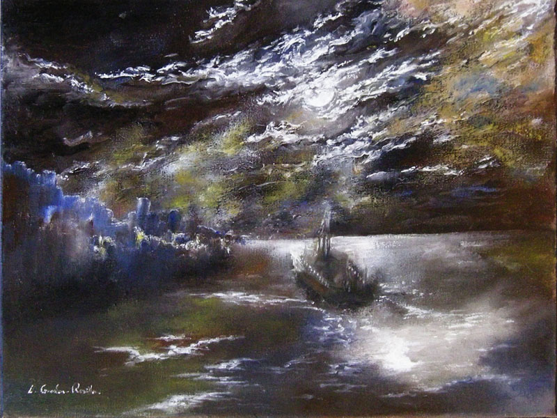 Peinture à l'huile sur toile, paysage nocturne